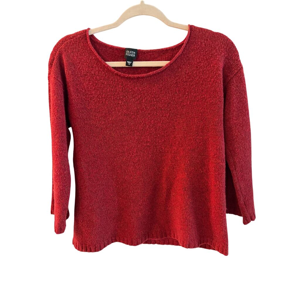 Eileen Fisher Deep Red Boucle Knit Boat-Neck Sweater Size S